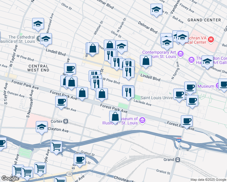 map of restaurants, bars, coffee shops, grocery stores, and more near 4001 Laclede Avenue in St. Louis