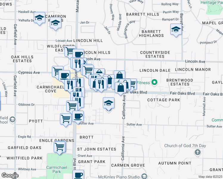 map of restaurants, bars, coffee shops, grocery stores, and more near 7705 Fair Oaks Boulevard in Carmichael