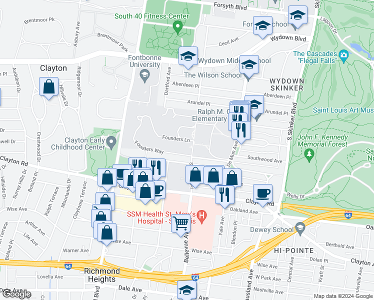 map of restaurants, bars, coffee shops, grocery stores, and more near 804 Seminary Place in Clayton