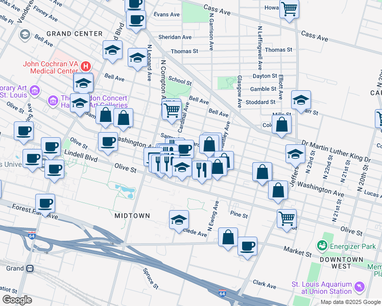 map of restaurants, bars, coffee shops, grocery stores, and more near 3001 Washington Avenue in St. Louis