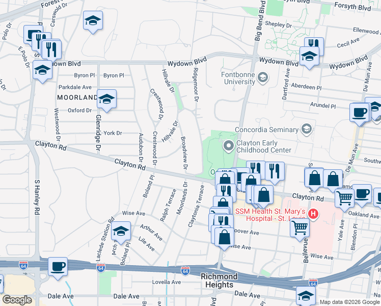 map of restaurants, bars, coffee shops, grocery stores, and more near 54 Broadview Drive in Clayton