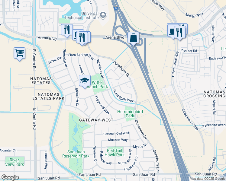 map of restaurants, bars, coffee shops, grocery stores, and more near 3038 Great Egret Way in Sacramento