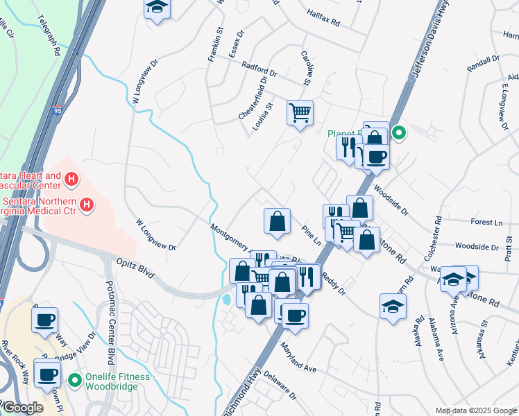 map of restaurants, bars, coffee shops, grocery stores, and more near 2003 Southampton Street in Woodbridge