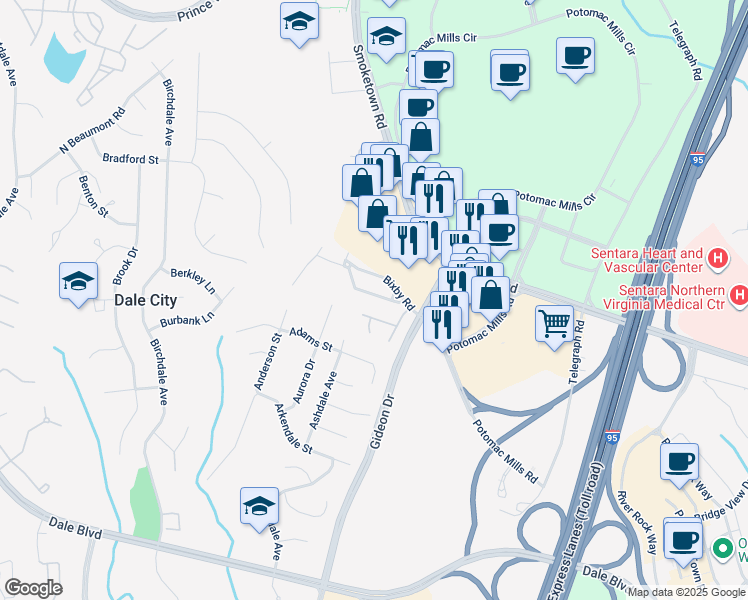 map of restaurants, bars, coffee shops, grocery stores, and more near 2855 Bowes Lane in Woodbridge