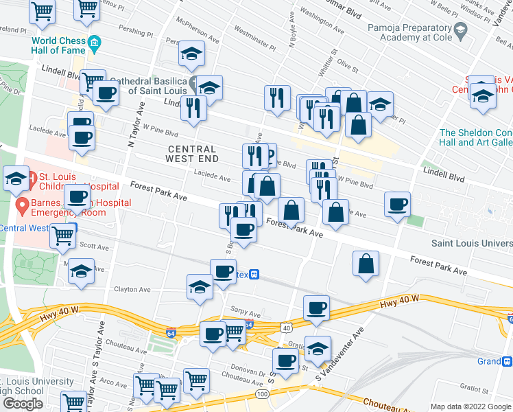 map of restaurants, bars, coffee shops, grocery stores, and more near 4245 Forest Park Avenue in St. Louis