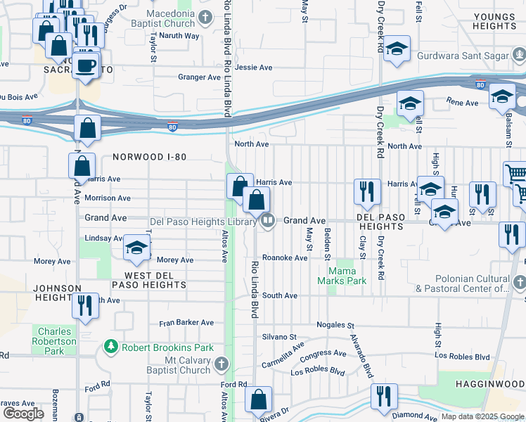 map of restaurants, bars, coffee shops, grocery stores, and more near 901 Grand Avenue in Sacramento