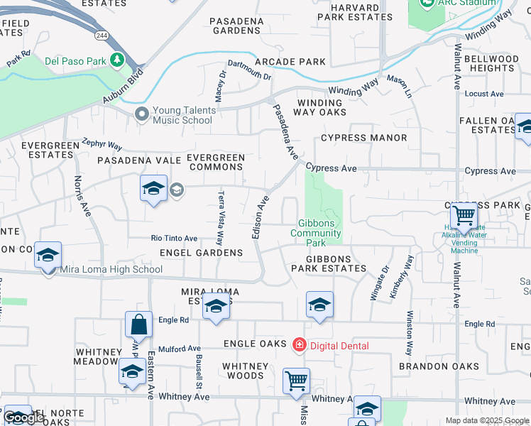 map of restaurants, bars, coffee shops, grocery stores, and more near 4544 Edison Avenue in Sacramento