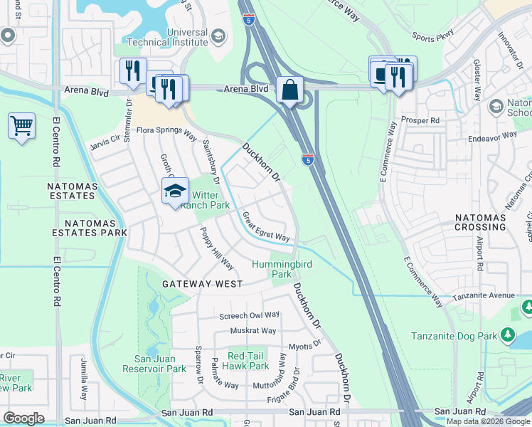 map of restaurants, bars, coffee shops, grocery stores, and more near 3069 Delta Tule Way in Sacramento
