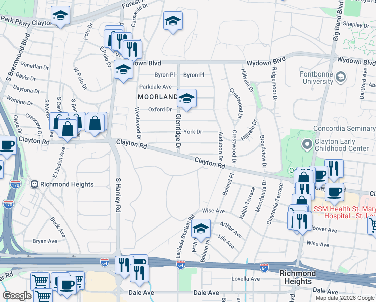 map of restaurants, bars, coffee shops, grocery stores, and more near 7447 Somerset Avenue in Clayton