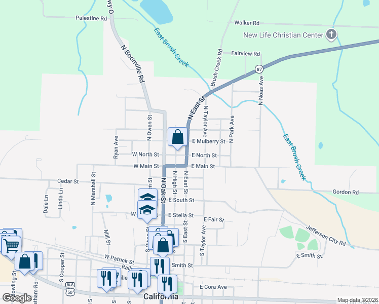 map of restaurants, bars, coffee shops, grocery stores, and more near 400 East North Street in California
