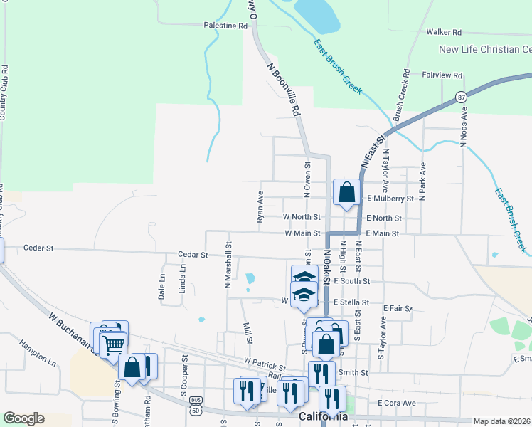map of restaurants, bars, coffee shops, grocery stores, and more near 302 West North Street in California