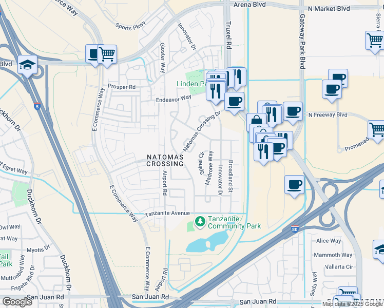 map of restaurants, bars, coffee shops, grocery stores, and more near 70 Jade Tree Circle in Sacramento