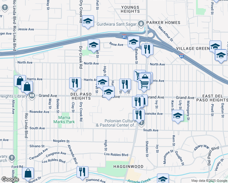 map of restaurants, bars, coffee shops, grocery stores, and more near 3812 Huron Street in Sacramento