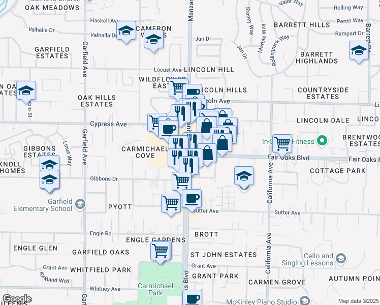 map of restaurants, bars, coffee shops, grocery stores, and more near in Carmichael