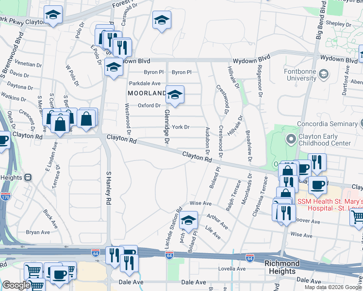 map of restaurants, bars, coffee shops, grocery stores, and more near 7447 Somerset Avenue in Clayton