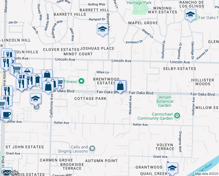 map of restaurants, bars, coffee shops, grocery stores, and more near 4008 Alex Lane in Carmichael