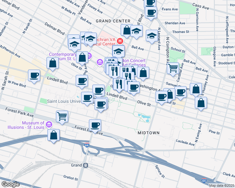 map of restaurants, bars, coffee shops, grocery stores, and more near 3531 Lindell Boulevard in St. Louis