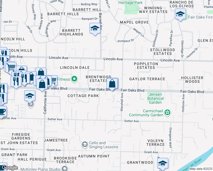 map of restaurants, bars, coffee shops, grocery stores, and more near 4008 Alex Lane in Carmichael
