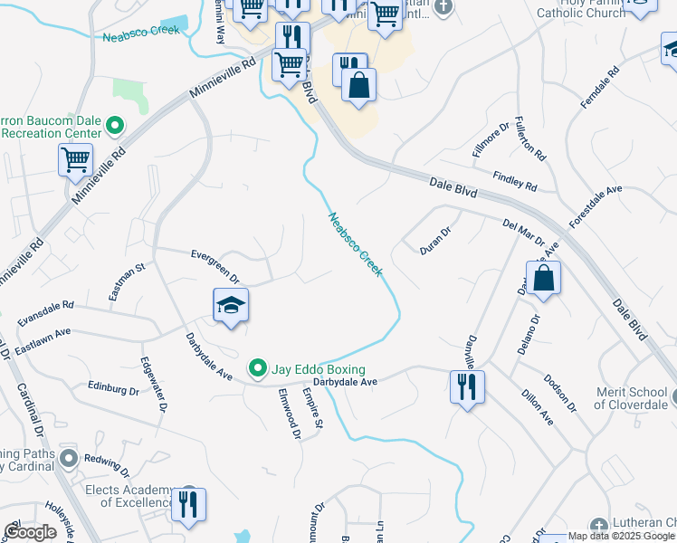 map of restaurants, bars, coffee shops, grocery stores, and more near 14601 Earlham Court in Woodbridge