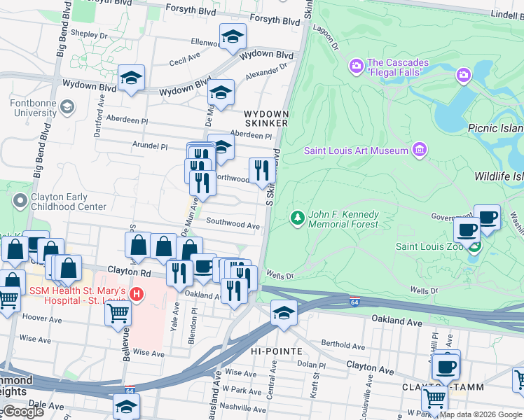 map of restaurants, bars, coffee shops, grocery stores, and more near 709 South Skinker Boulevard in St. Louis