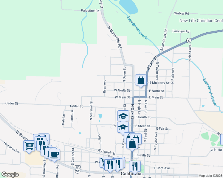 map of restaurants, bars, coffee shops, grocery stores, and more near 302 West North Street in California