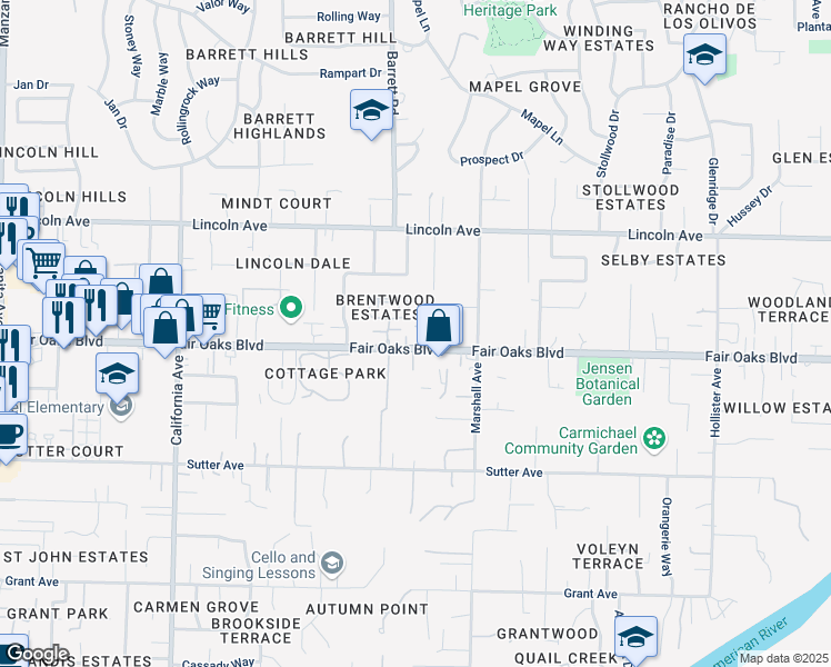 map of restaurants, bars, coffee shops, grocery stores, and more near 4008 Alex Lane in Carmichael