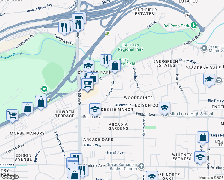 map of restaurants, bars, coffee shops, grocery stores, and more near 3911 Annadale Lane in Sacramento