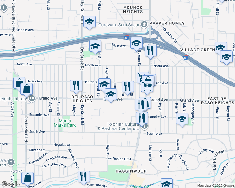 map of restaurants, bars, coffee shops, grocery stores, and more near 3812 Huron Street in Sacramento