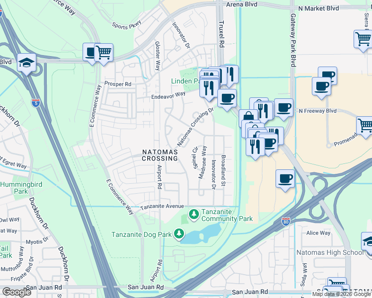 map of restaurants, bars, coffee shops, grocery stores, and more near 70 Jade Tree Circle in Sacramento