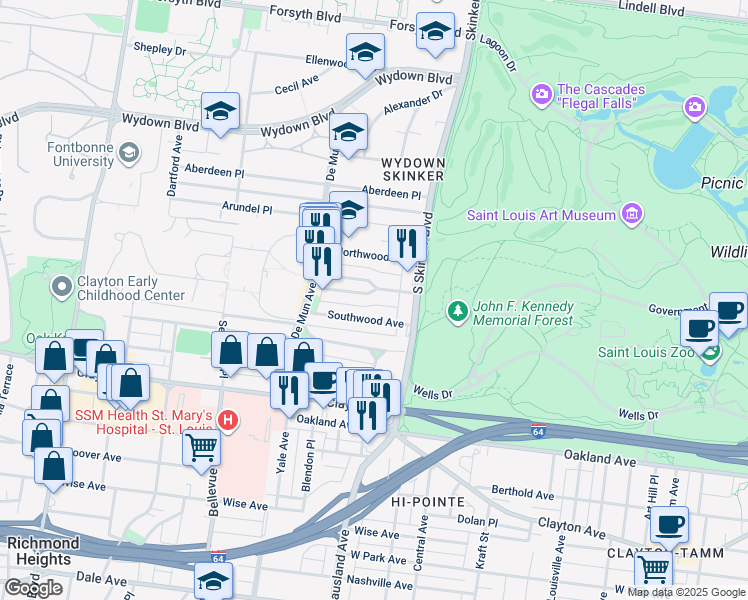map of restaurants, bars, coffee shops, grocery stores, and more near 6308 South Rosebury Avenue in Clayton