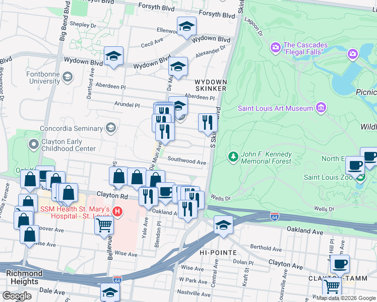map of restaurants, bars, coffee shops, grocery stores, and more near 6308 South Rosebury Avenue in Clayton