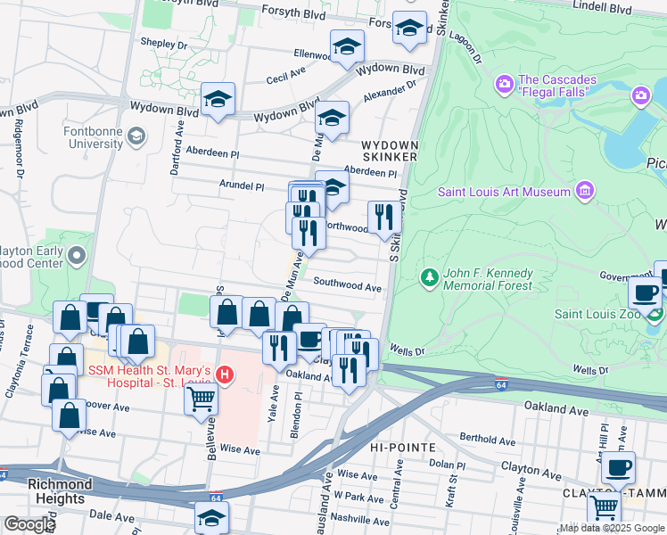 map of restaurants, bars, coffee shops, grocery stores, and more near 6308 South Rosebury Avenue in Clayton