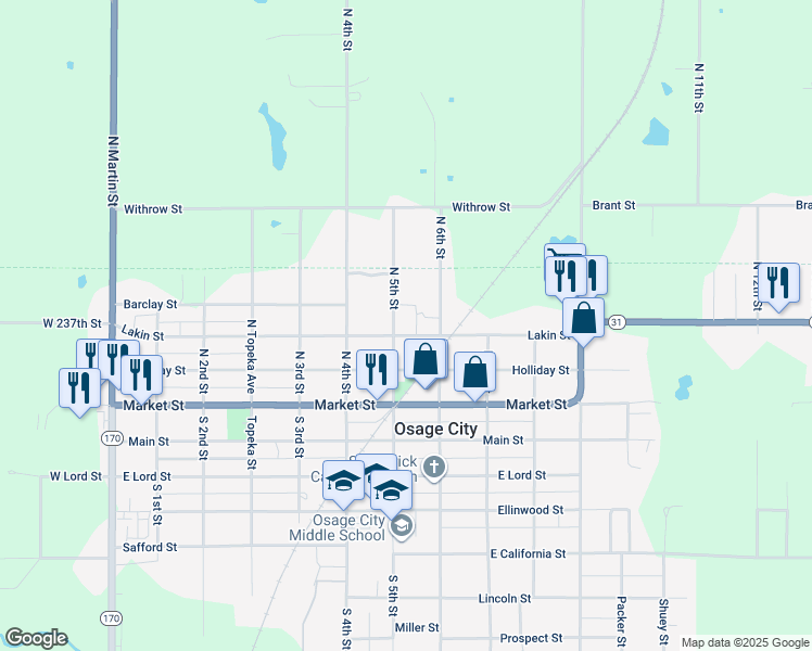 map of restaurants, bars, coffee shops, grocery stores, and more near 303 N 5th St in Osage City
