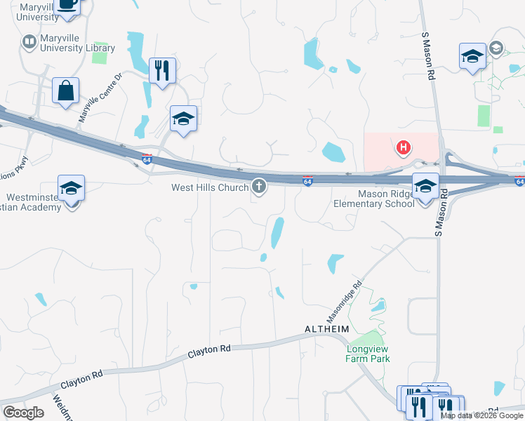 map of restaurants, bars, coffee shops, grocery stores, and more near 733 Fairfield Lake Drive in Chesterfield