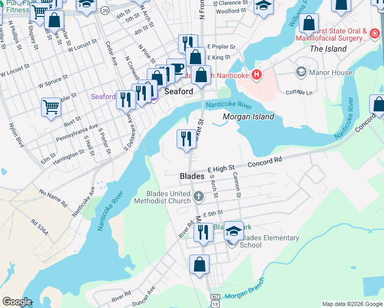 map of restaurants, bars, coffee shops, grocery stores, and more near 27 Hill Street in Seaford