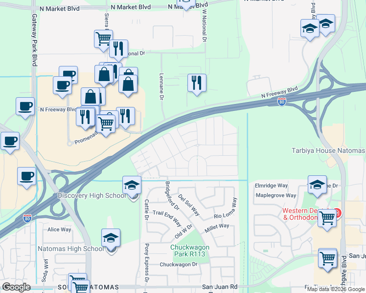 map of restaurants, bars, coffee shops, grocery stores, and more near 3811 Sunsetparke Way in Sacramento