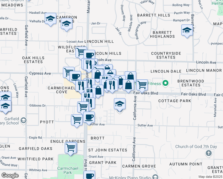 map of restaurants, bars, coffee shops, grocery stores, and more near 7627 Fair Oaks Boulevard in Carmichael