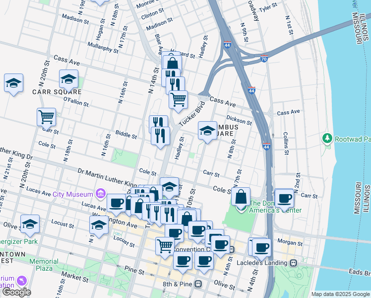 map of restaurants, bars, coffee shops, grocery stores, and more near 1109 Biddle Street in St. Louis