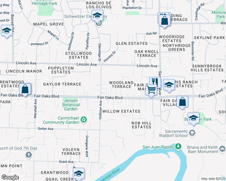 map of restaurants, bars, coffee shops, grocery stores, and more near 8725 Fair Oaks Boulevard in Carmichael