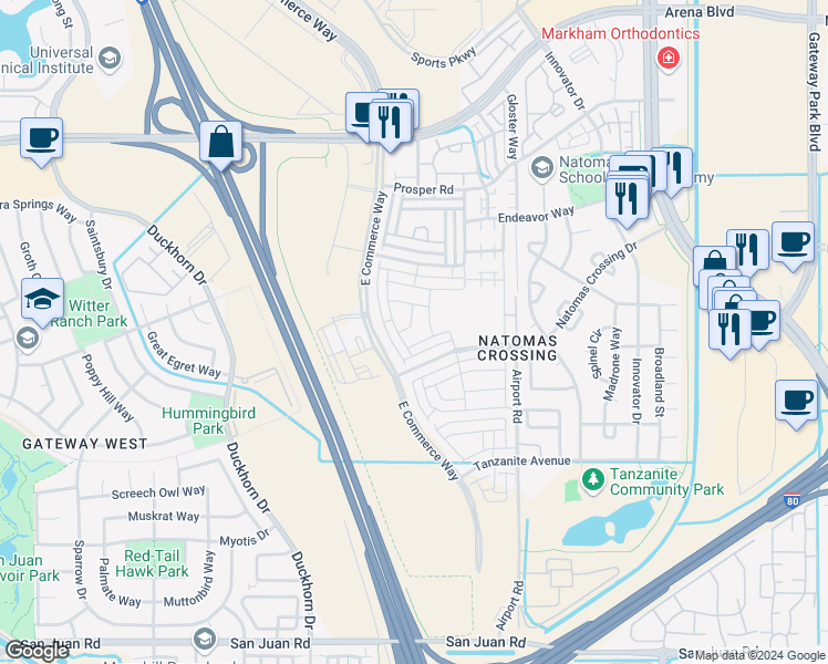 map of restaurants, bars, coffee shops, grocery stores, and more near 3812 Aircraft Way in Sacramento