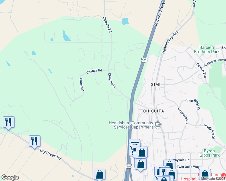 map of restaurants, bars, coffee shops, grocery stores, and more near 207 Chiquita Road in Healdsburg