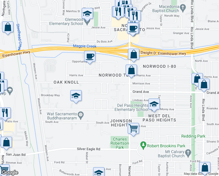 map of restaurants, bars, coffee shops, grocery stores, and more near 131 McDaniel Circle in Sacramento