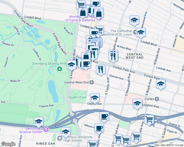 map of restaurants, bars, coffee shops, grocery stores, and more near 310 South Euclid Avenue in St. Louis