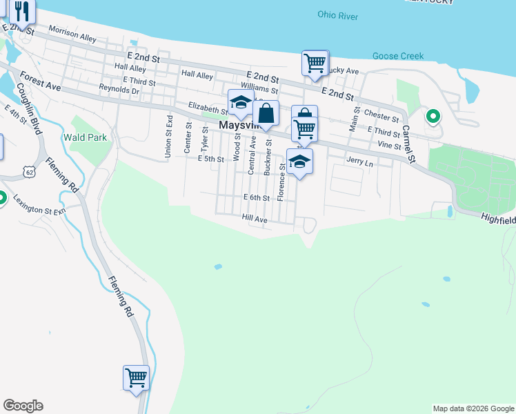 map of restaurants, bars, coffee shops, grocery stores, and more near 2 Buckner Street in Maysville