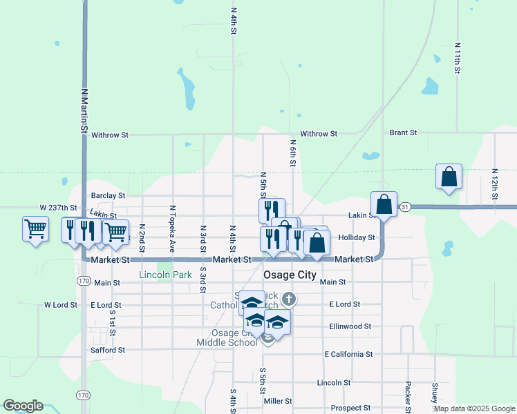 map of restaurants, bars, coffee shops, grocery stores, and more near 303 North 5th Street in Osage City