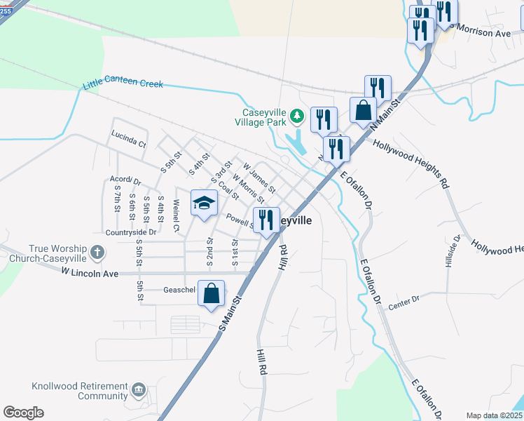 map of restaurants, bars, coffee shops, grocery stores, and more near 10 West Morris Street in Caseyville