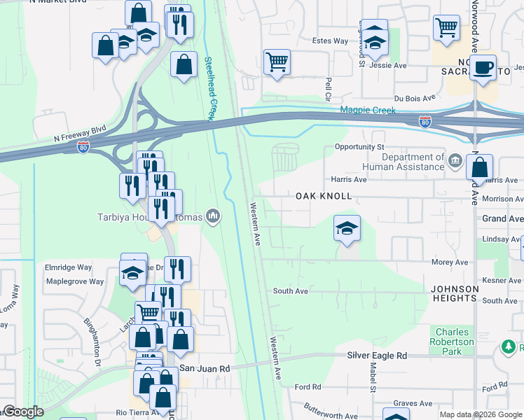 map of restaurants, bars, coffee shops, grocery stores, and more near 30 Morrison Avenue in Sacramento