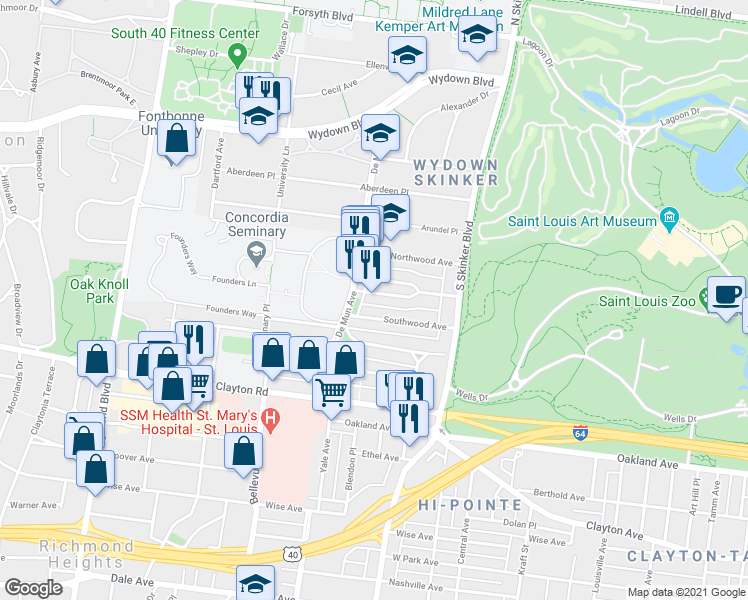 map of restaurants, bars, coffee shops, grocery stores, and more near 6337 Southwood Avenue in Clayton