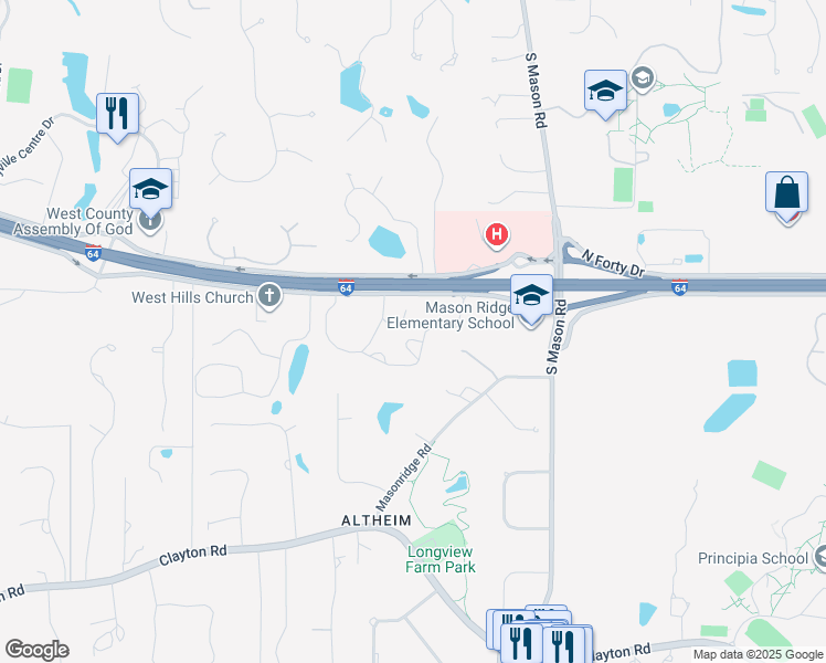map of restaurants, bars, coffee shops, grocery stores, and more near 13170 S Outer 40 in Chesterfield
