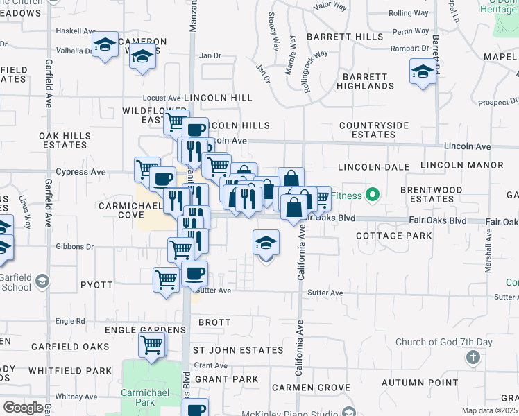 map of restaurants, bars, coffee shops, grocery stores, and more near 7705 Fair Oaks Boulevard in Carmichael